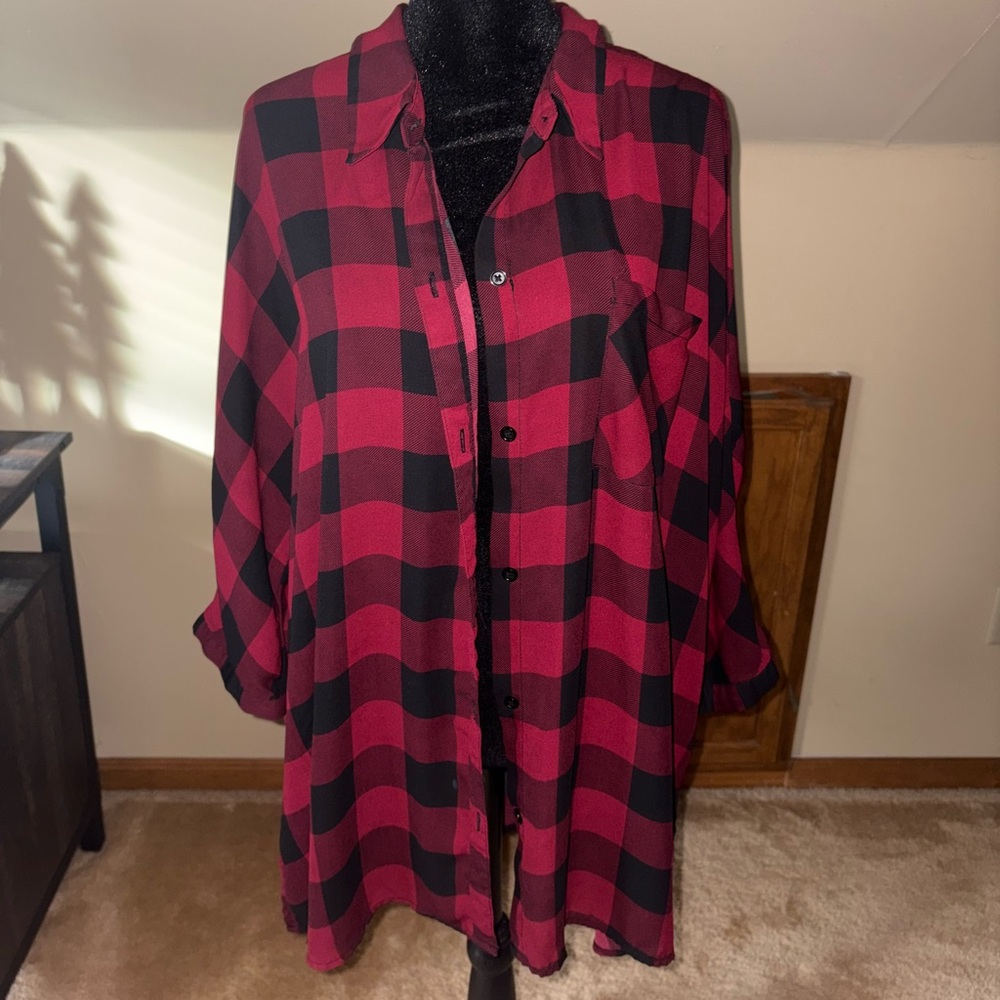 Red and Black Plaid Button-Up Blouse